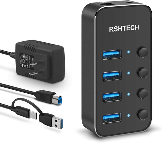 USB 3.0 Hub RSHTECH 4 Port Powered USB 3.0/USB C Hub Upgraded Version with 2-in-1 3.3ft USB Cable,5V Power Adapter and Individual Switches, Portable Aluminum USB Splitter for Laptop and PC, RSH-ST04