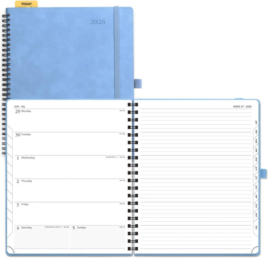 POPRUN 2026 Planner Weekly Notebook Calendar (Jan-Dec), Large Size 8.5'' x 10.5'' - Agenda 2026 Appointment Book with Monthly Tabs, Inner Pocket, Spiral Soft Cover, 100 GSM - Cerulean Blue