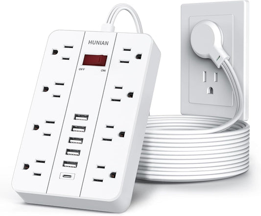 10 Ft Long Extension Cord,Power Strip Surge Protector HUNIAN Flat Plug with 8 Widely Spaced Outlets 6 USB(1 USB C Port), Wall Mount Charging Station for Home and Office,White