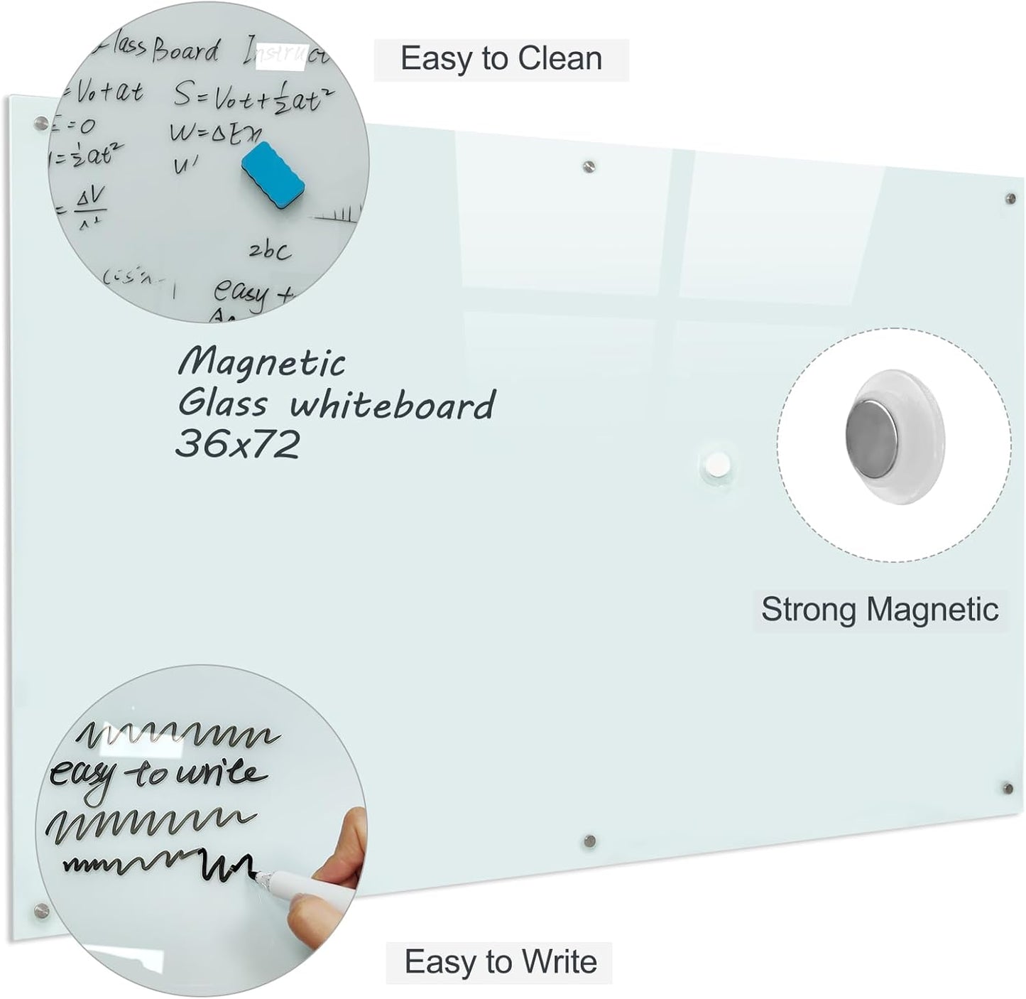 Glass Magnetic White Board - 72 x36 Inches Dry Erase Whiteboard for Wall, Frameless Wrting Board for Display, Large Wall Mounted Glass Board for School, Office and Home