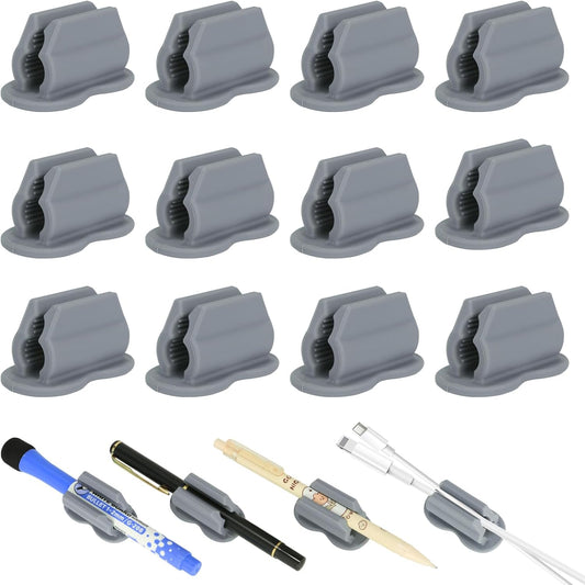 12PCS Pen Holder for Desk, Upgraded Adhesive Pen Pencil Holder for Desk Wall Clipboard Car Silicone Pens Markers Pencils Organizer Teacher Supplies Office Supplies (12PCS Gray)