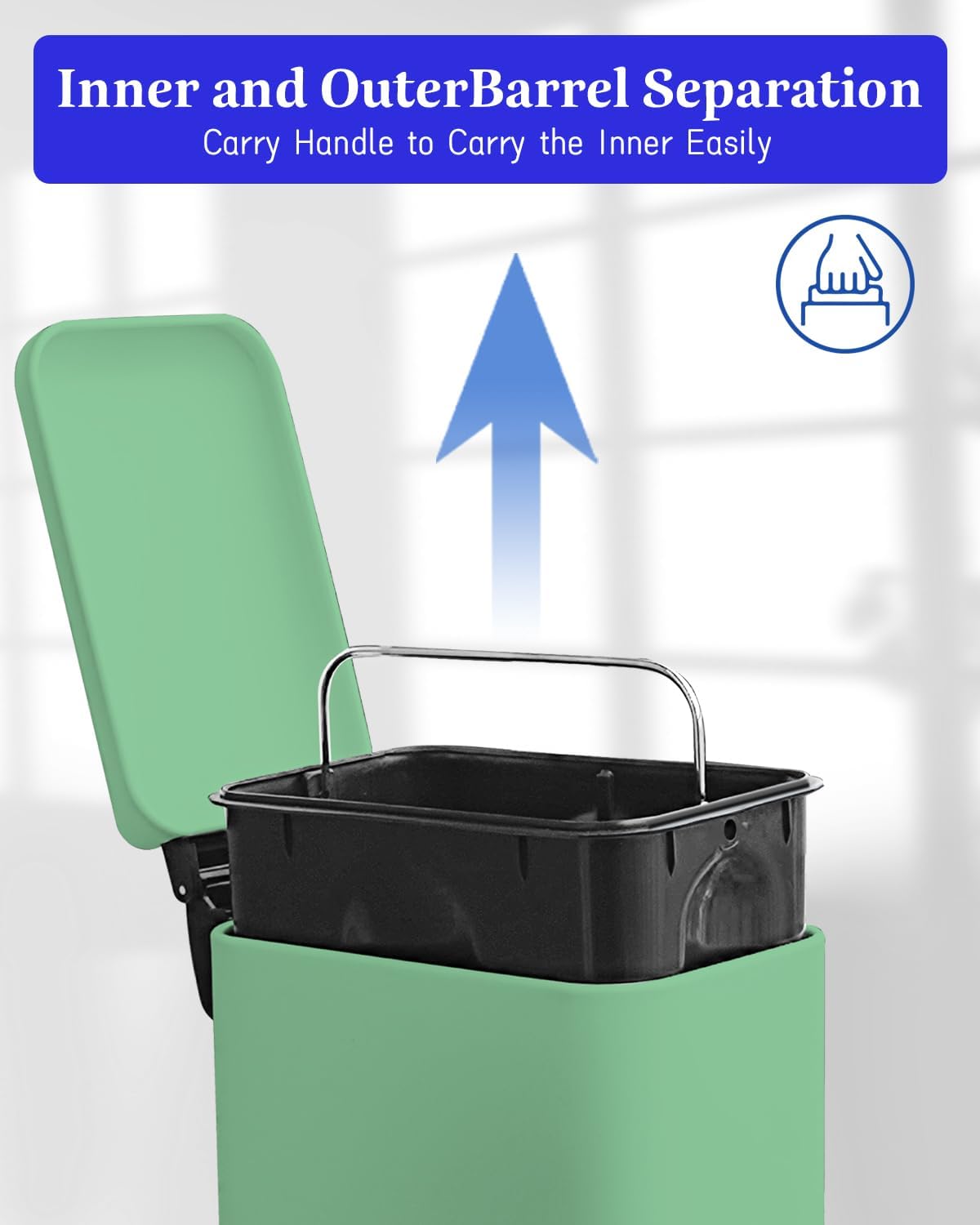 12 Gallon Slim Kitchen Trash Can, Stainless Steel Trash Can with Removal Inner Bucket and Soft-Close Lid, Pedal Garbage Can 45 Liter, Green