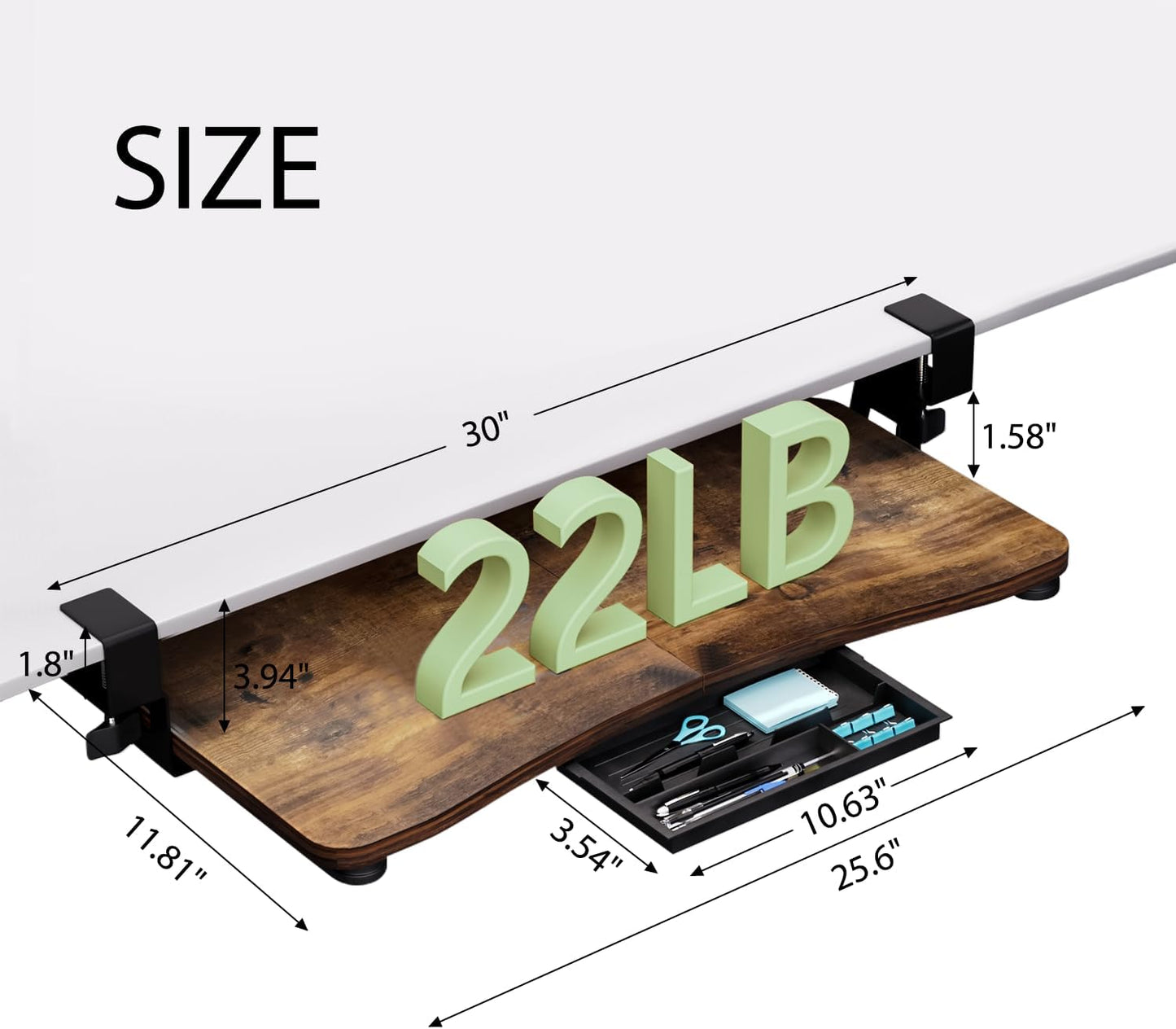 Desktop Keyboard Tray, Under Desk Pull Out,25.59" X 11.81" Large Size Radian Keyboard Tray with C-Clip Mount, Easy Installation, Computer Keyboard Stand, for Home Study and Office(Wood)
