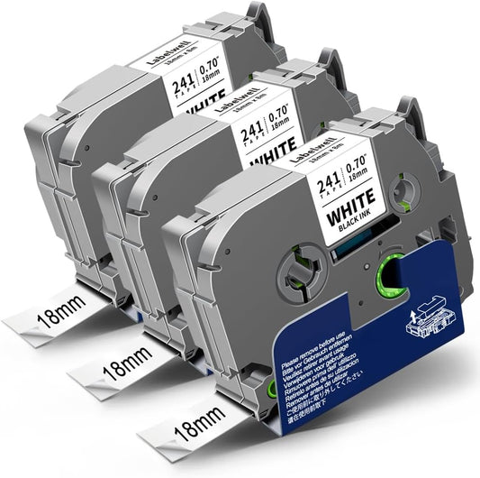 18mm 0.7" Tape Laminated White Compatible with P Touch Label Tape TZe-241 TZ241 TZe241 Refills for Ptouch PT-D410 PT-D400 PT-D600 Label Maker (Black on White, 3-Pack)