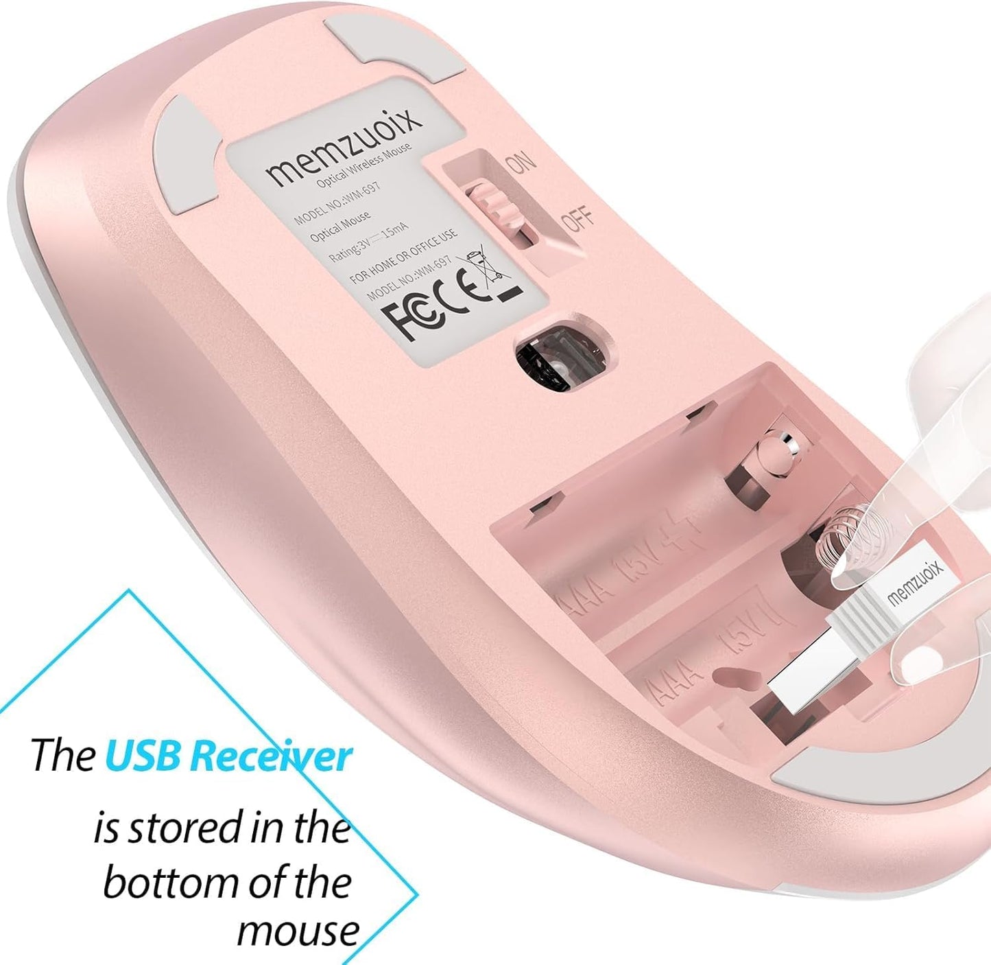memzuoix 2.4G Wireless Mouse, 1400 DPI Computer Mice with USB Receiver, Portable Wireless USB Mouse Battery Powered Cordless Mice for Laptop, PC, Desktop, 5 Buttons (White Pink)