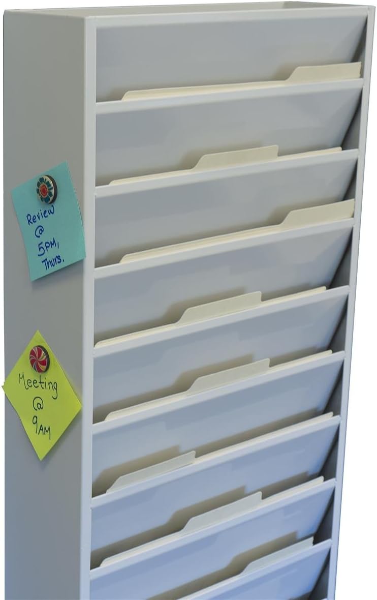 Displays2go Office File Folder Wall Rack, 11 Tiered Pockets, Medical Chart Folders (Putty/Powder Coated Steel)