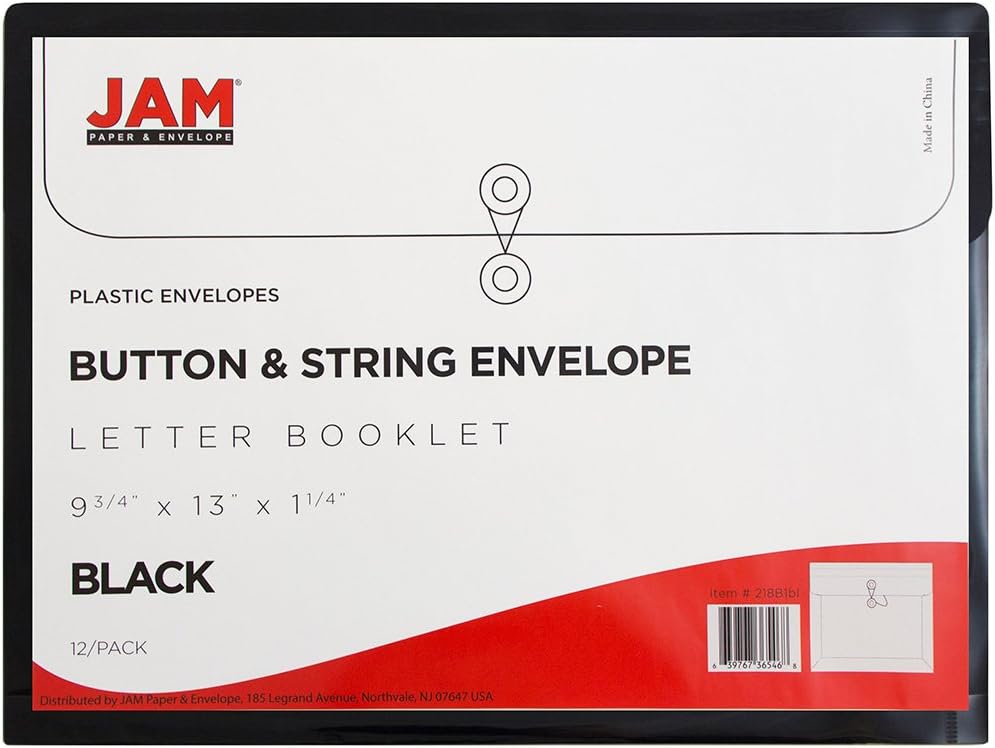 JAM PAPER Plastic Envelopes with Button & String Tie Closure - Letter Booklet - 9 3/4 x 13 - Black - 12/Pack