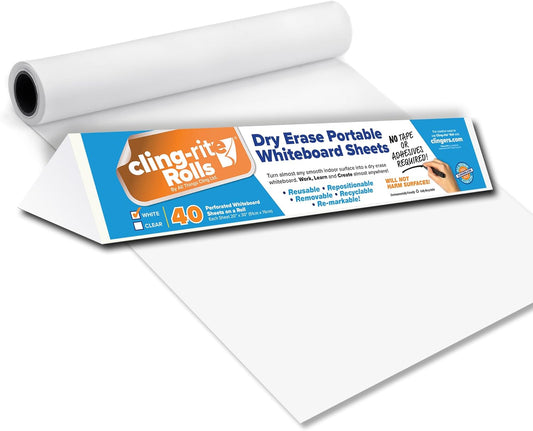 Clingers Instant Whiteboards - Repositional Dry Erase Sheets, 40 Whiteboards per Roll, 20x30 Inch, Removable & Recyclable Cling-rite Rolls for School, Office Decor, and Art Projects - American Made