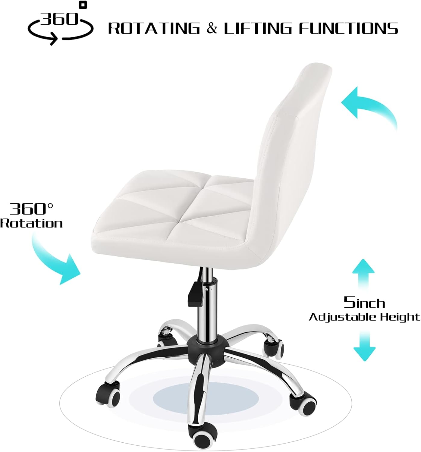 COSVALVE Armless Desk Chair, Mid Back Swivel Office Chair, Adjustable Executive Conference Task Chair with Rolling Wheels and Diamond Pattern, for Home Computer Barber, White