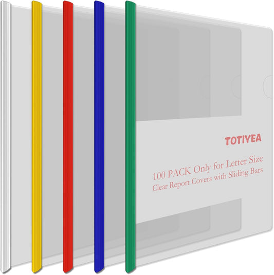 TOTiyea 100 Pack Clear Report Covers with Sliding Bars, 9mm (70 Sheet Capacity) 5 Assorted Colors Sliding Bar File Folders, for Letter Size
