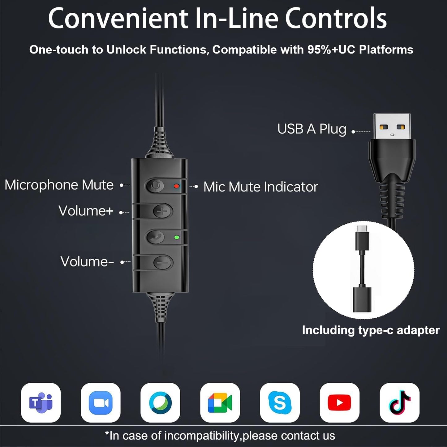 Arama Headset with Microphone for Pc, USB Headset with Noise Canceling Microphone for Laptop, Wired Computer Headset with Mute for Home Office Online Class Skype Zoom Meetings (USBA+USBC, Black)