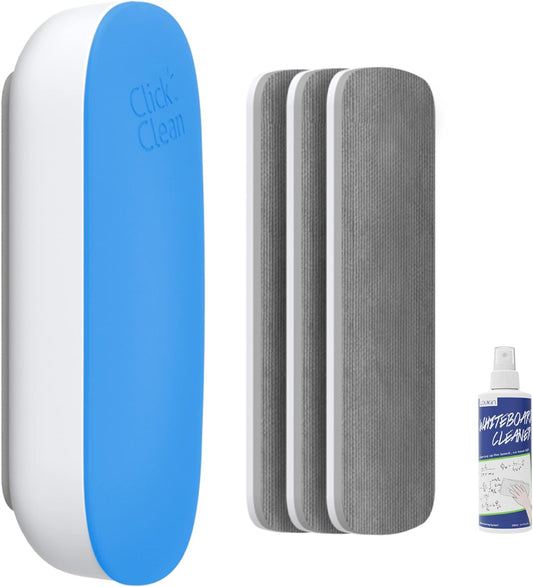 CLICK CLEAN Replaceable Dry Erase Board Eraser, 4-in-1 Magnetic Whiteboard Eraser with 3 Replaceable Felt Pads, Free 3.4oz Whiteboard Cleaner Included, Intended for Classroom, Home and Office