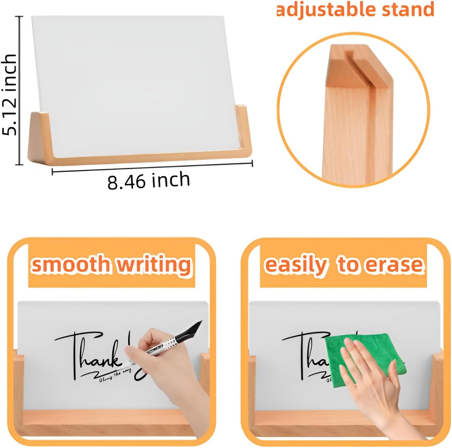 Desktop Glass Whiteboard with Wood Base, 8.46" x5.12" Small Desk Dry Erase Board Mini Whiteboard for Office Home, Accessories Included