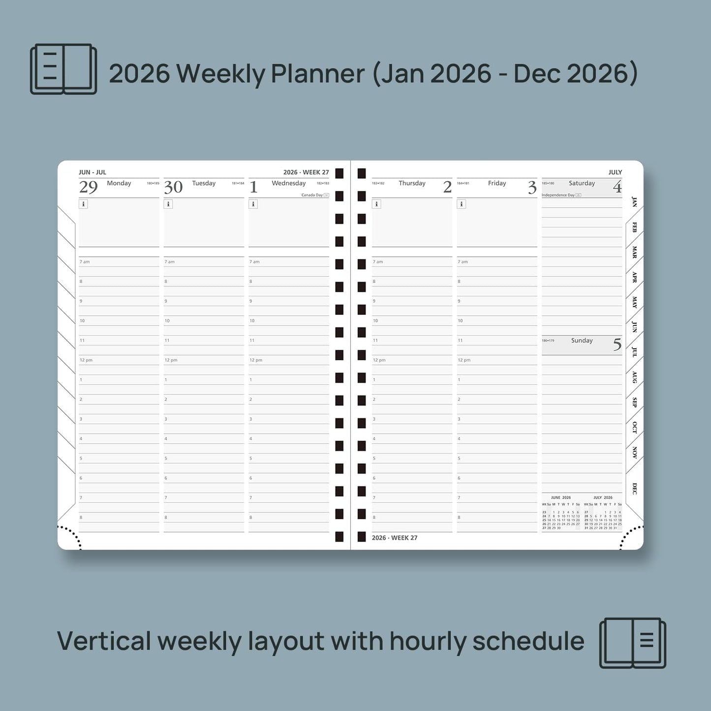 POPRUN 2026 Planner (Medium - 6.5'' x 8.5'') with Hourly Schedule, Vertical Layout - 2026 Weekly Calendar (Jan. 2026 - Dec.2026) for Time Management, Monthly Tabs, Spiral Bound, Soft Cover - Purple
