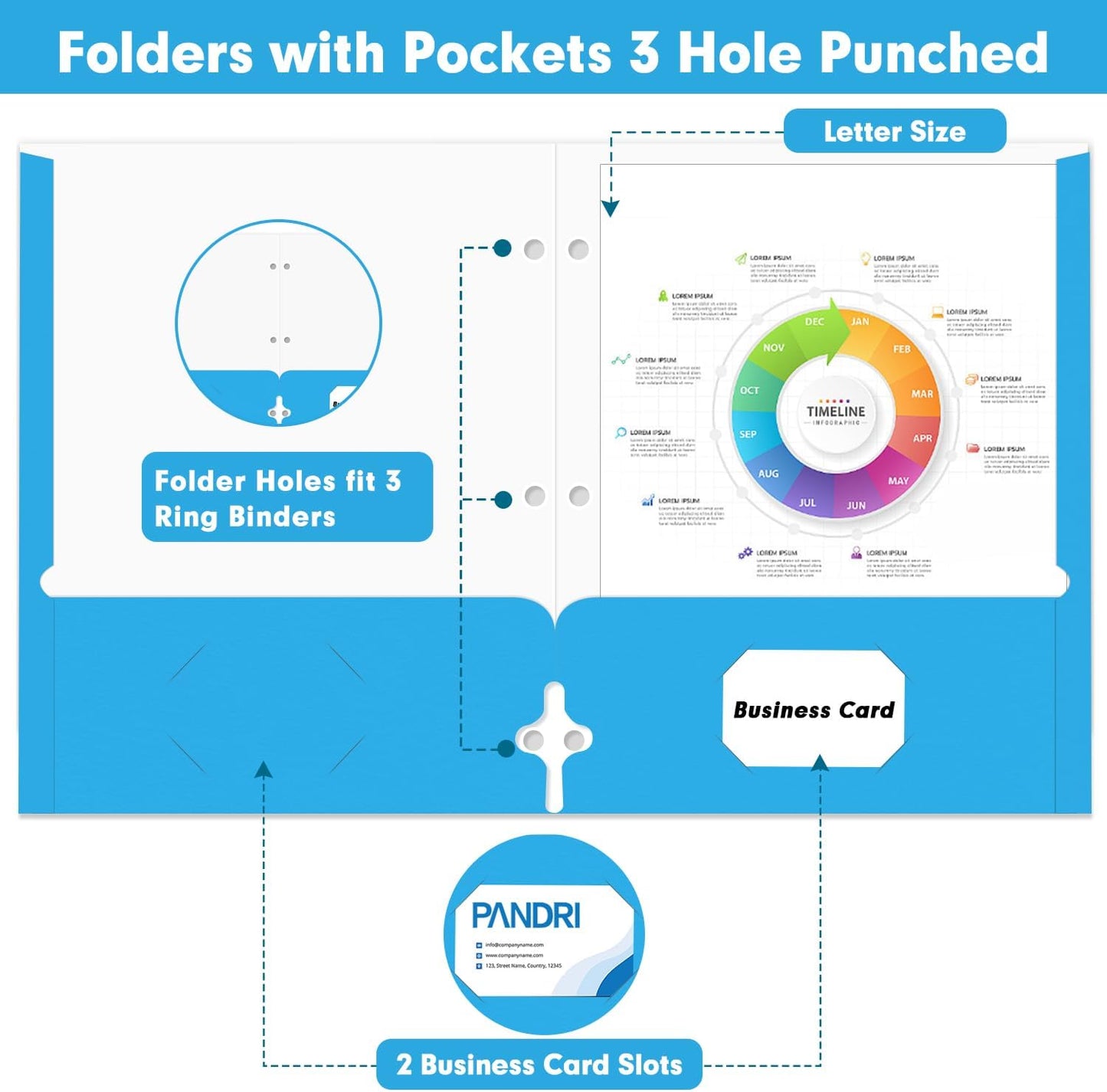 Two Pocket Portfolio Folders, PANDRI 60 Pack 3 Hole Punched 2 Pocket Folders for 3 Ring Binder, Letter Size Paper File Folder for School Office Home Business, Lightblue