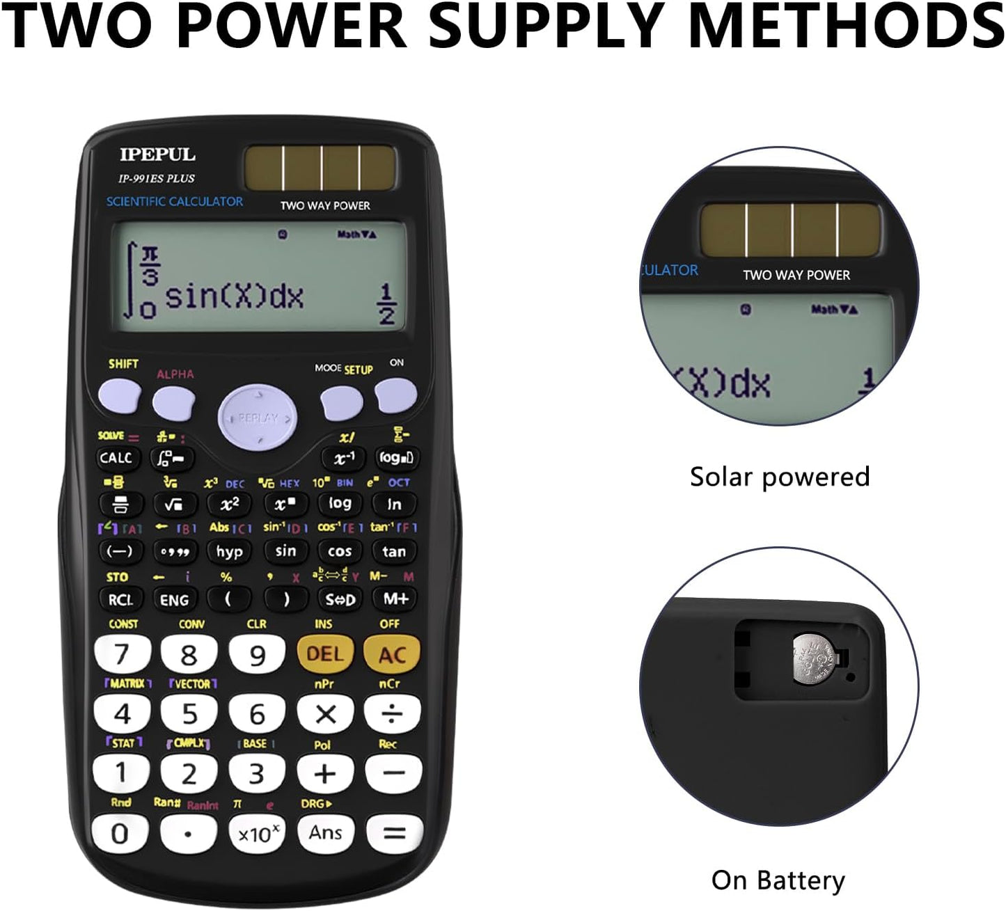 Scientific Calculators, IPepul Math Calculator with 417 Function, Solar Battery Power and 4-Lines Display, School Supplies for Middle High College Students Teachers (Black 991ES)
