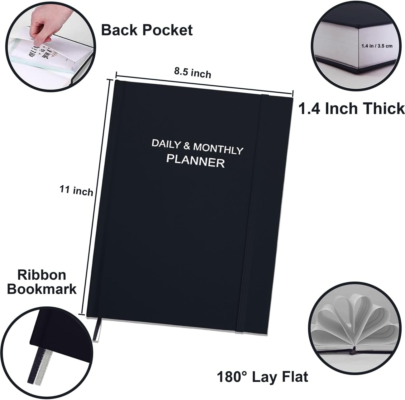 Daily & Monthly Planner for 2025 2026 or Anytime - ADHD Planner Two Pages Per Day, Daily Planner Undated to Increase Focus, Eliminate Overwhelm, Achieve Your Biggest Goals, 8.5'' × 11'', Black