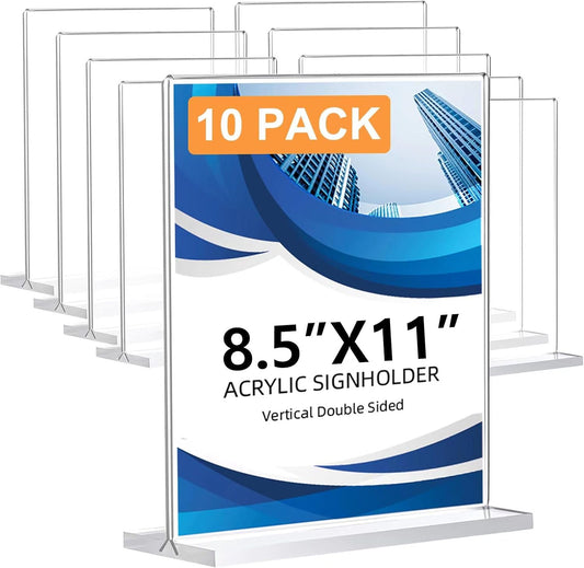10 Pack Acrylic Sign Holder 8.5 x 11, Double-Sided Clear Sign Holder Plastic Stands for Display, T Shape Acrylic Table Sign Stands for Office Store Restaurants Wedding Party Decoration