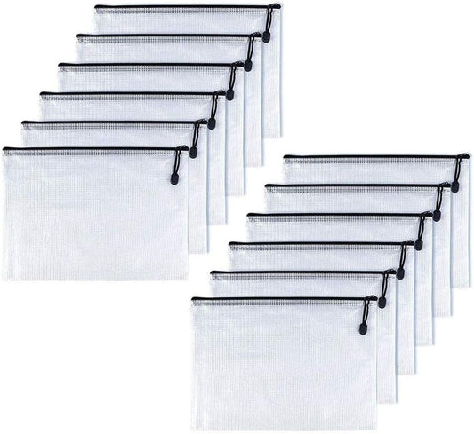 Oaimyy-A6(4.5"x 6.5",12 Pcs),Plastic Mesh Zipper Pouch Document Folders Bag Zip File Folders for School Office Supplies, Travel,Puzzles Games Organizing Storage-Black