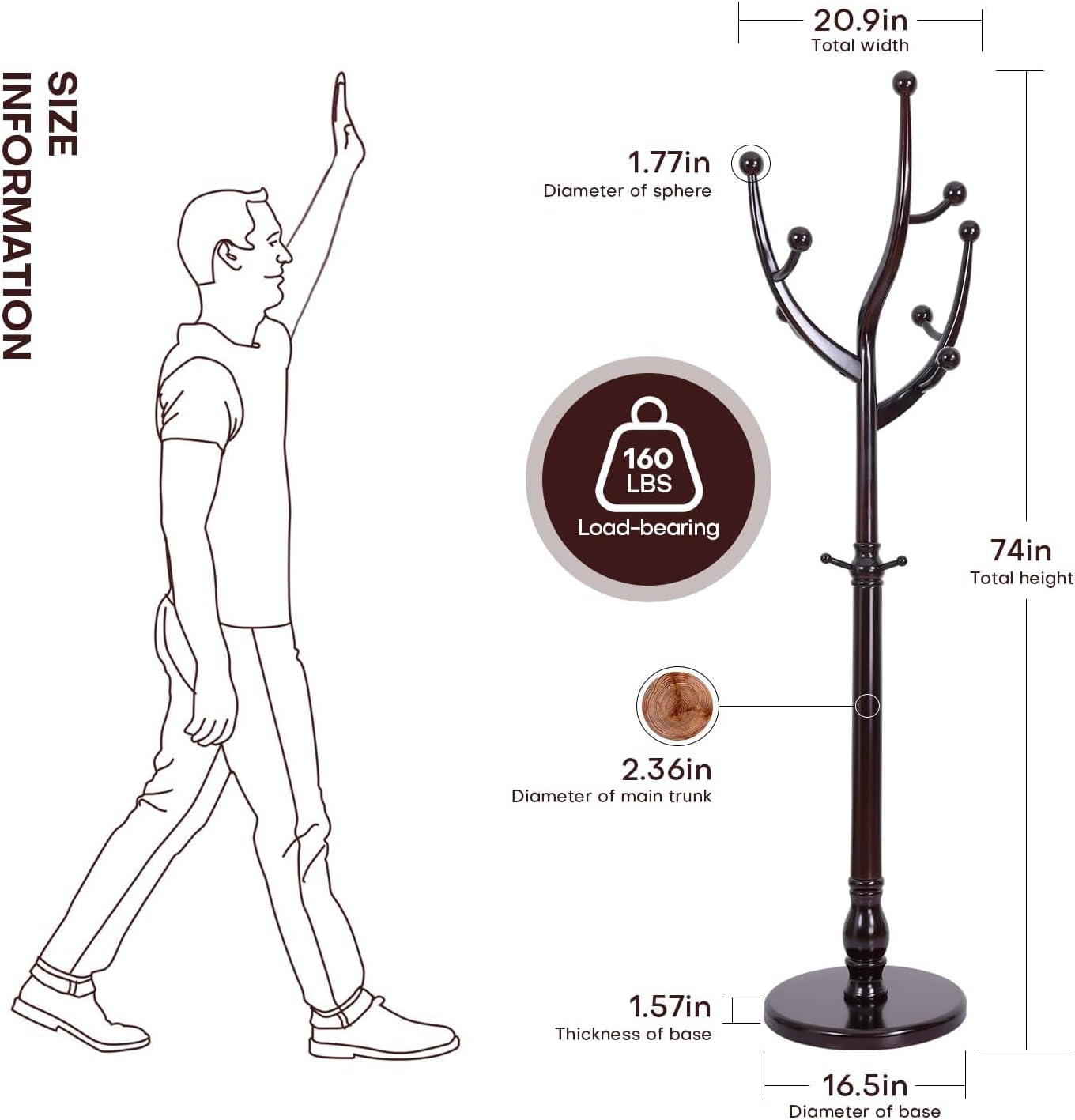 Coat Rack Tree Freestanding with Hooks, Heavy Duty Standing Wood Coat Rack with Solid Round Base, 74” Tree Shaped Coat Hanger Stand for Clothes, Hat, Jacket, Entryway Bedroom, Red Brown