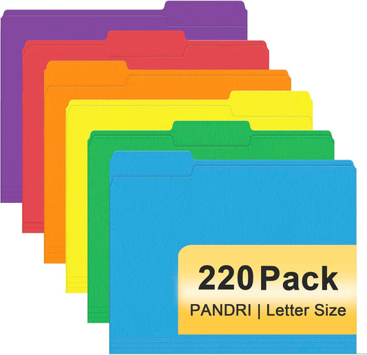 File Folder, PANDRI 220 Pack Colored File Folder, 1/3 Cut Tabs, Letter Size, Assorted 6 Colors Filing Folder for Office School Business