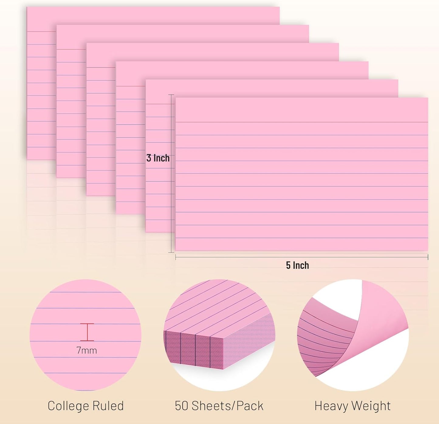 300 Count Index Cards 3 x 5 Inch Ruled Pink Index Cards, Flash Cards College Ruled for School, College, Office and Home Organization, Durable Study To Do List Note Cards with Ruled Lines