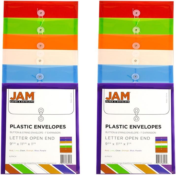 JAM PAPER Plastic Envelopes with Button & String Tie Closure - Letter Open End - 9 3/4 x 11 3/4 - Assorted Colors - 12/Pack