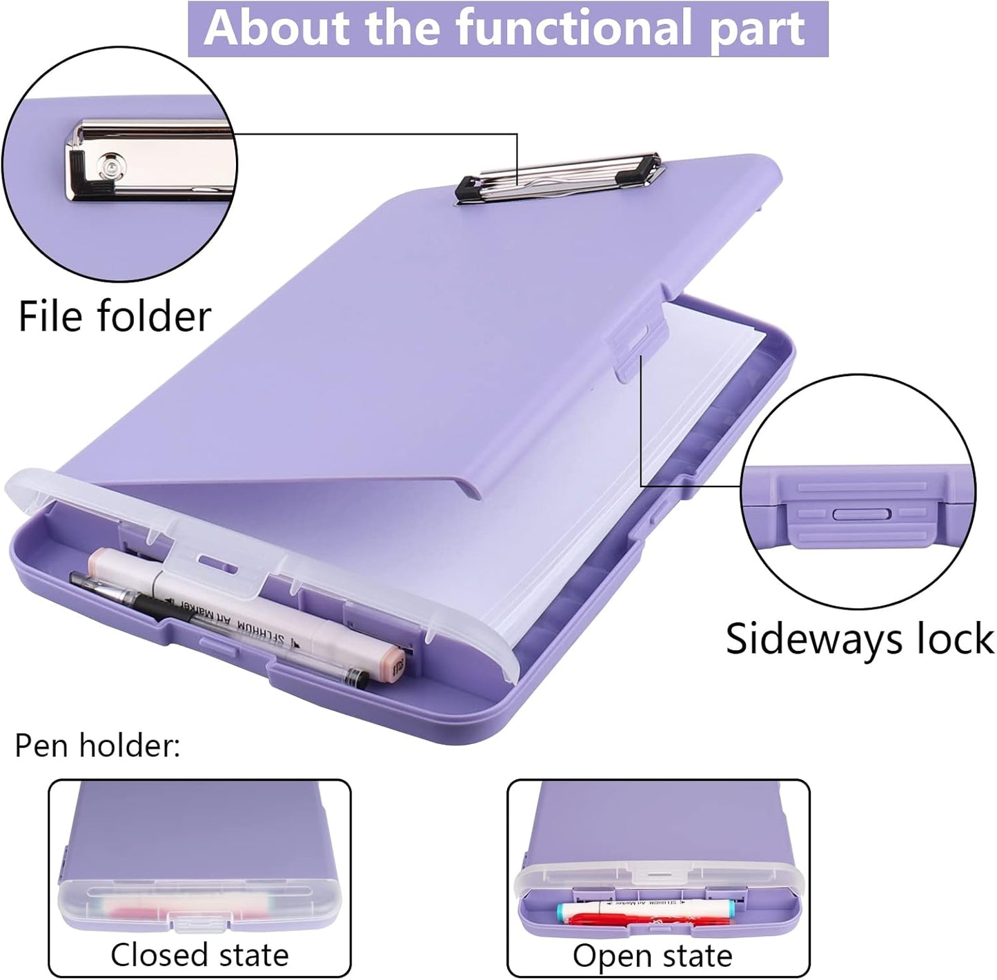 Clipboard with Storage,A4 Nursing Clipboards with Pen Holder,Heavy Duty Storage Clipboard with Low Profile Clip, Clipboards Folder Side-Opening Clip Boards,Smooth Writing Clip Board (Light Purple)