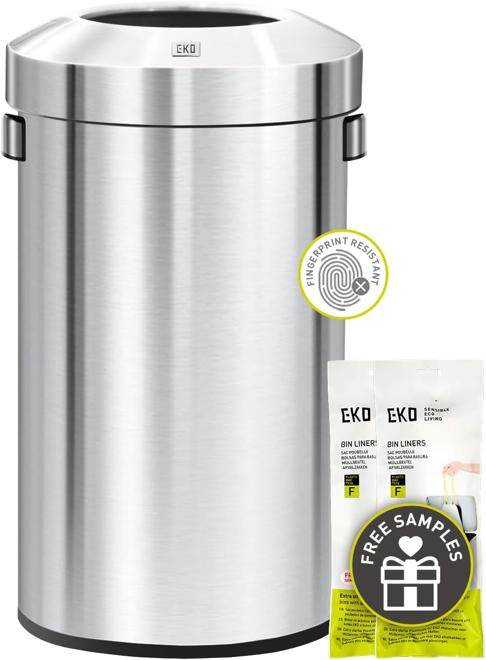 EKO 16-Gallon Round Stainless Steel Open Top Trash Can, Large Commercial Waste Bin with Detachable Lid and Carrying Handle, Brushed Metal Garbage Bin for Home, Office, Restaurant, Restroom