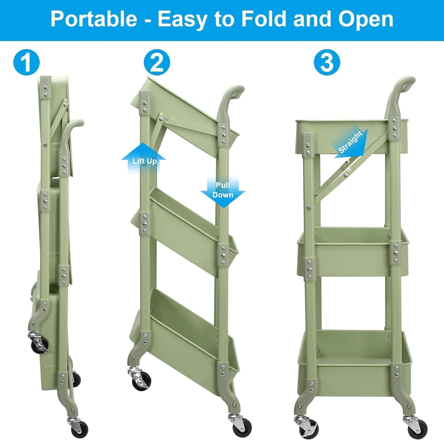 Foldable 3 Tier Rolling Cart, Metal Utility Cart, Folding Mobile Multi-Function Storage Trolley Organizer Cart for Home Library Office(Green)