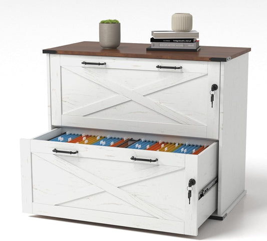 VINGLI 2 Drawer File Cabinet with Lock, Home Office Filing Organizer, for Letter Legal A4 Size File Folder Storage, Modern Farmhouse, Wood Lateral Filing Cabinet, Archivador (Rustic White & Brown)