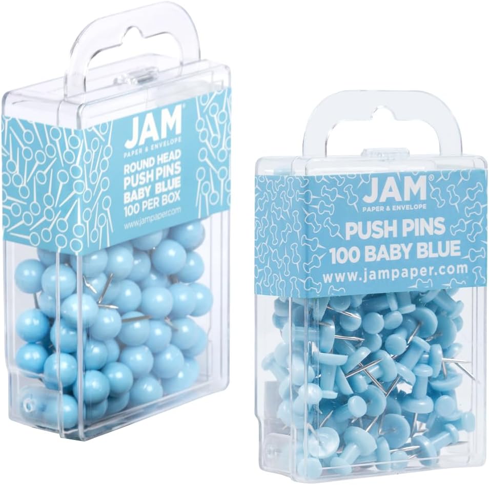 JAM PAPER Colorful Push Pins - Flat & Round Head Thumb Tack Combo Set - Baby Blue Pushpins - 200/Pack