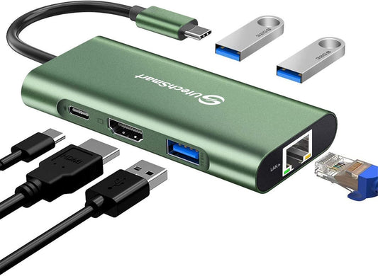 UtechSmart USB C Hub, Ethernet Multiport Adapter 6 in 1 USB C to HDMI Dock Compatible for MacBook Pro/Air, Chromebook, Dell XPS, HP and Type C Devices (Gigabit Ethernet 100W PD 4K HDMI USB 3.0) Green