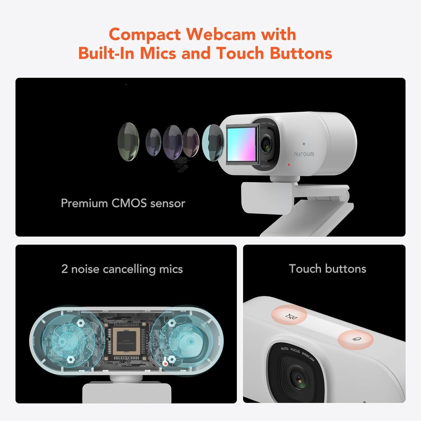 NUROUM V15AF 2K Webcam for PC, 1080p 60FPS AutoFocus Web Camera with Microphone, Privacy Cover and Mute, 75°FOV Dual Microphone USB FHD Computer Camera, Plug and Play for Zoom/Skype/Teams, White