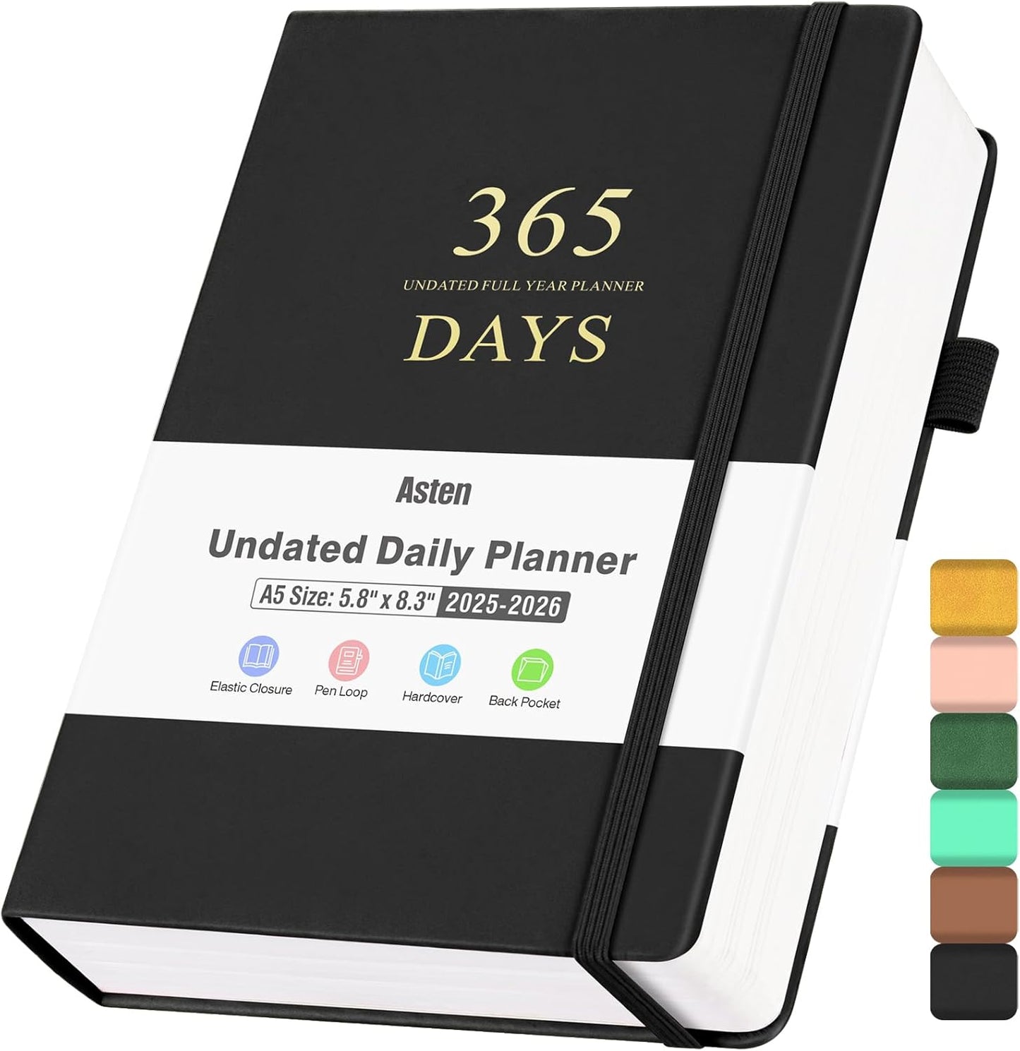 Daily Planner Undated, Planner 2024-2025, 365 Day Planne, Work Planner for Men, Hourly Planner Notebook for Goal Setting, Appointment Planner, Hardcover, Start Anytime, A5, Black