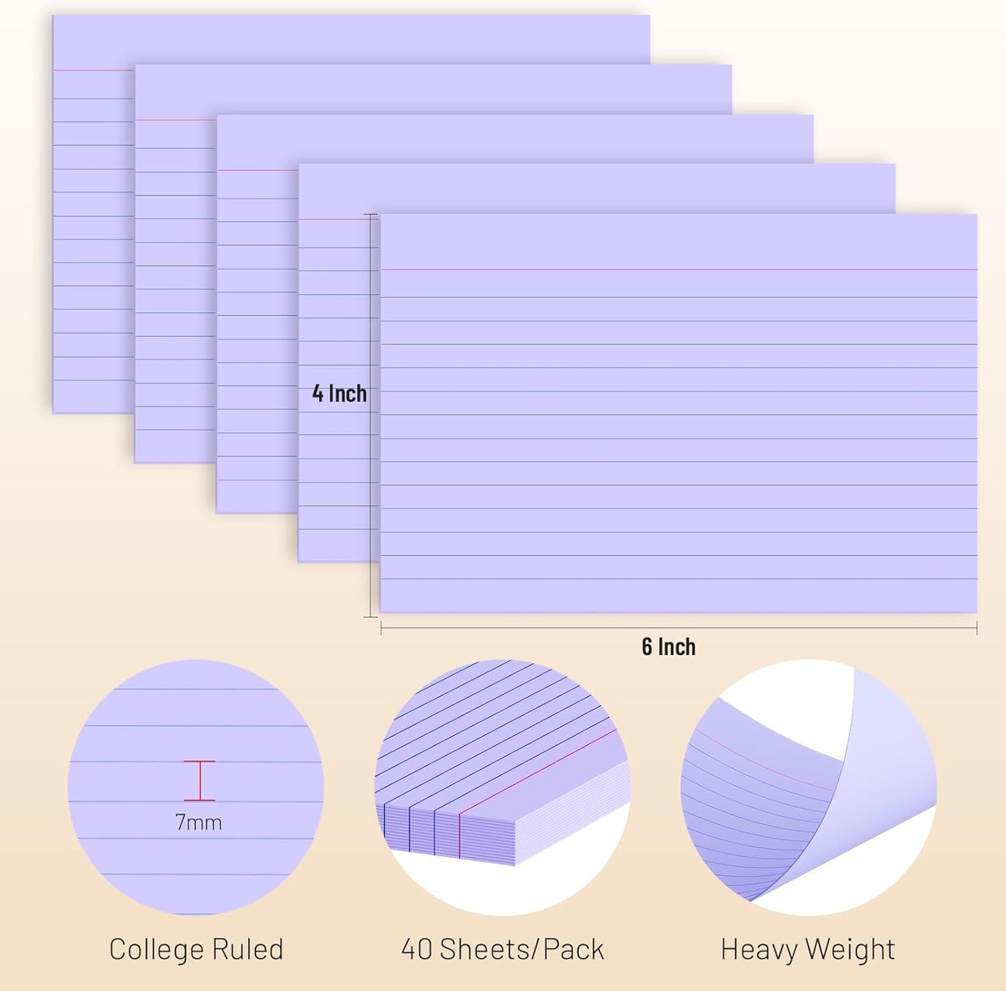 200 Pcs Index Cards 4 x 6 Inch Ruled Purple Index Cards, College Ruled Flash Cards for School, College, Office and Home Organization, Durable Study To Do List Note Cards with Ruled Lines, 5 Pack of 40