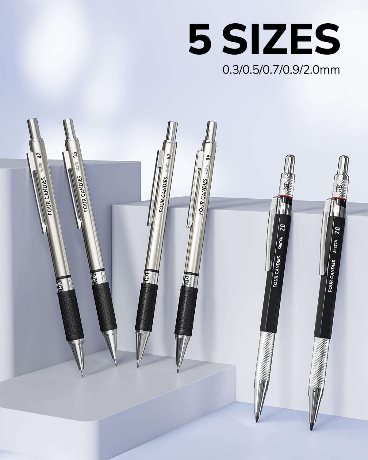 Four Candies 27PCS Art Mechanical Pencil Set with Case, 4PCS Metal Drawing Pencil 0.3, 0.5, 0.7, 0.9 mm & 2PCS 2mm Lead Holder (HB 2H 2B 4B Color) with 552 Graphite Lead Refills for Drawing Sketching