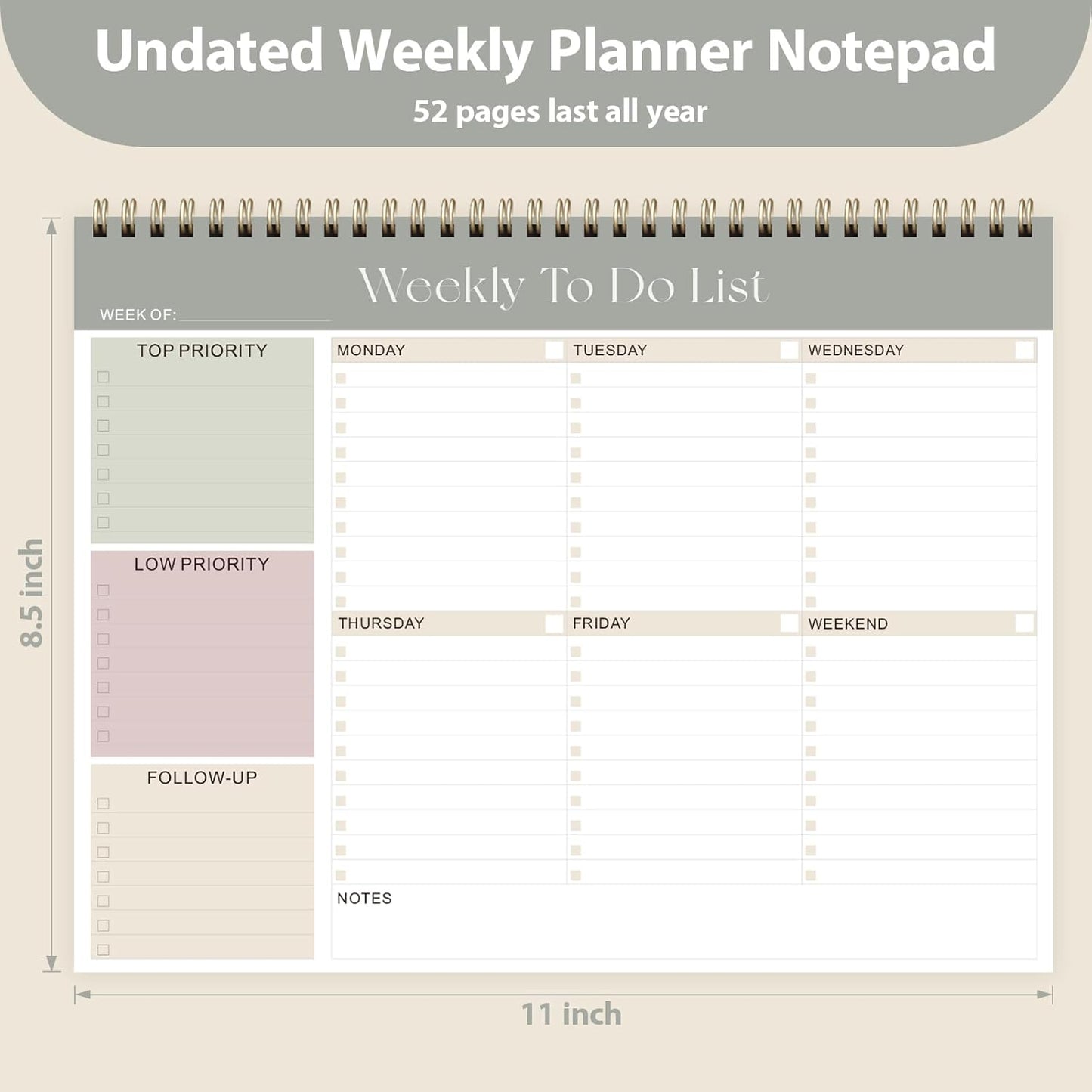 Weekly To Do List Notepad, Undated Planner with 52 Sheets (8.5''x11''), Desk Weekly Planner for Women & Man, Home School & Work