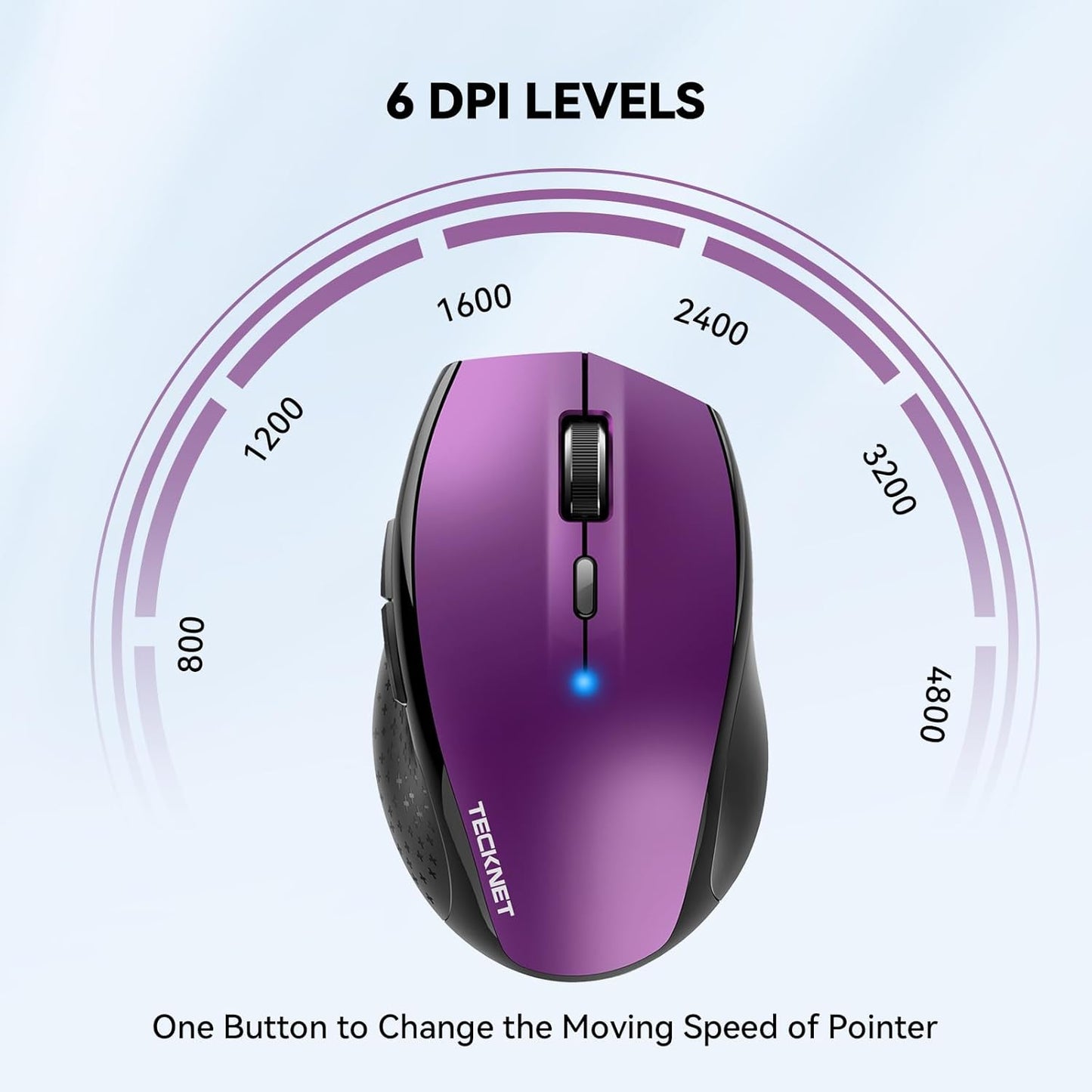 TECKNET Bluetooth Mouse, 4800 DPI Wireless Mouse, 2-Year Battery 6 Adjustable DPI, 6 Buttons Compatible with Laptop/Windows/Computer - Purple