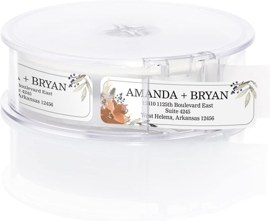 Indie Floral Rolled Address Labels/Roll of 250 Personalized Return Address Labels/Designer Return Address Stickers in Elegant Plastic Dispenser