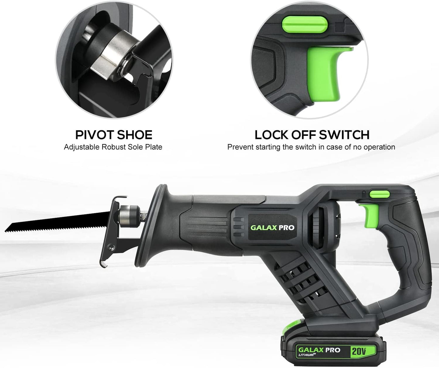 GALAX PRO Cordless Reciprocating Saw with 20V 2.0Ah battery, 0-3000RPM Variable Speed Power Reciprocating Saws with 7/8" Stroke Length,5pcs Zallsaw Blade for thin wooden board, soft metal Cutting