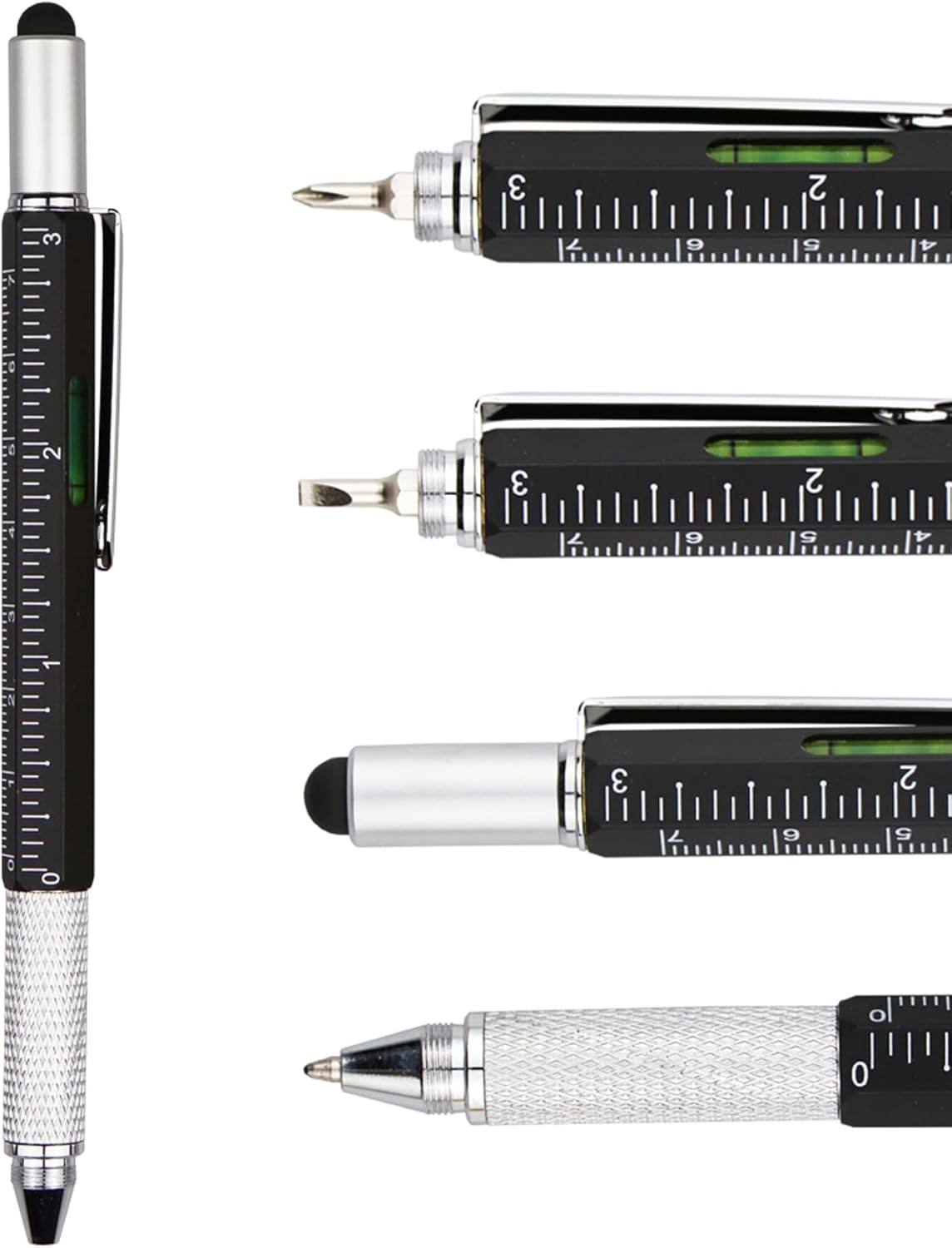 DUNBONG Metal Multi tool Pen 6-in-1 Stylus Pen - With Screwdriver, Ballpoint Pen Black ink, Stylus pen, Level and Ruler, 1-Count (Black)