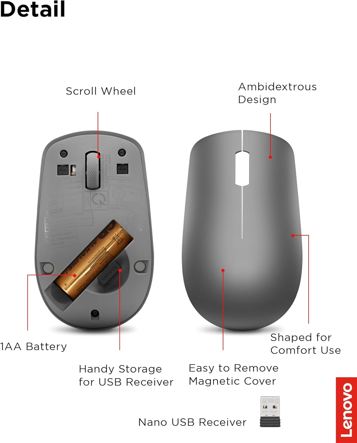 Lenovo 530 Full Size Wireless Computer Mouse for PC, Laptop, Computer with Windows - 2.4 GHz Nano USB Receiver - Ambidextrous Design - 12 Months Battery Life - Graphite Grey