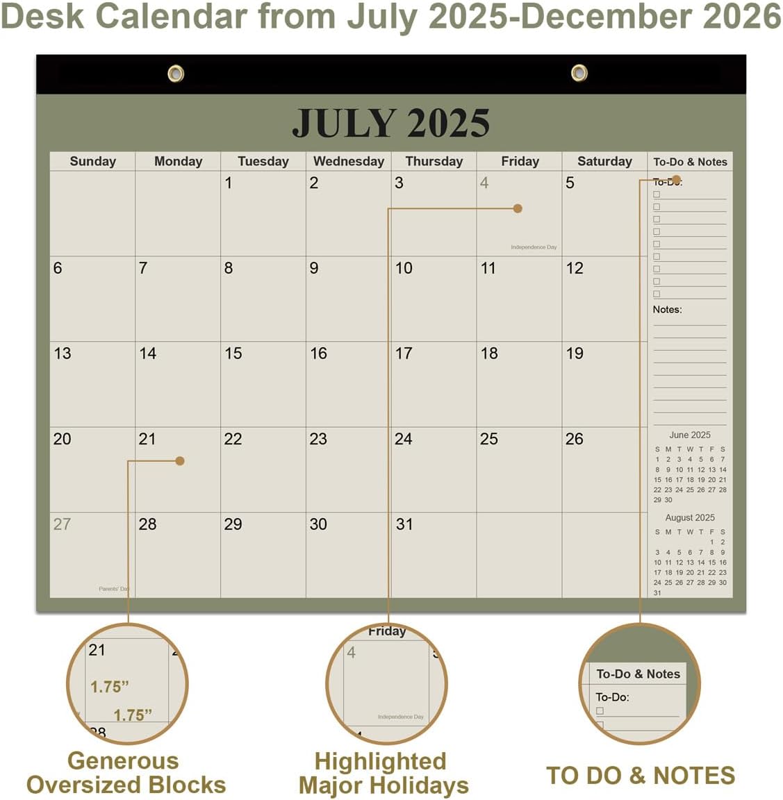 Desk Calendar 2025-2026 - 18 Months Calendar from July 2025 to December 2026, Calendar 2025-2026 with Thick Paper for Office Home School Organizing, 14" X 11", Green