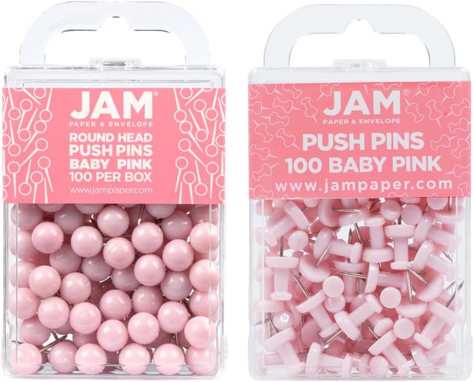 JAM PAPER Colorful Push Pins - Flat & Round Head Thumb Tack Combo Set - Baby Pink Pushpins - 200/Pack