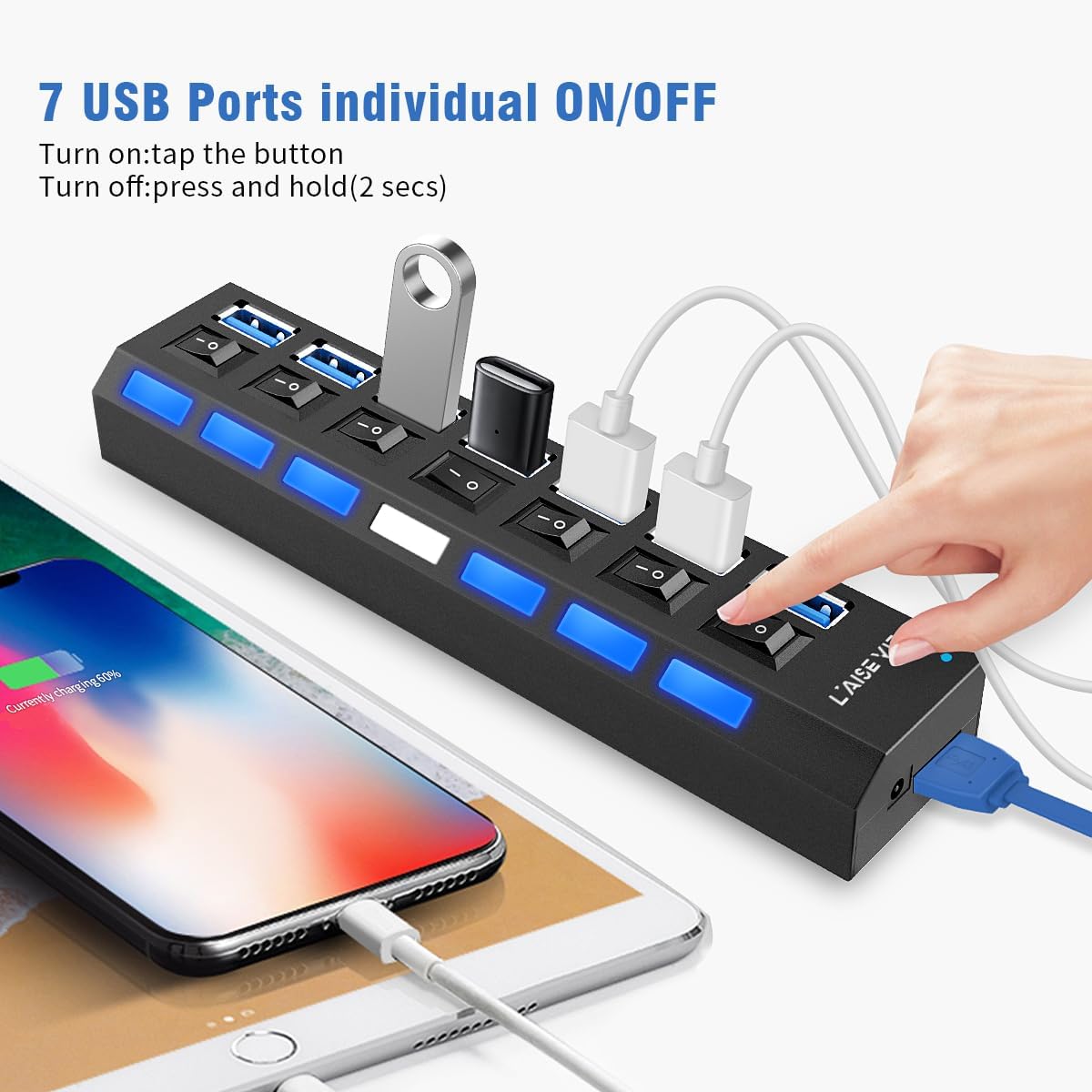 USB 3.0 Hub, 7 Ports USB Splitter USB A Port Data Hub with Independent On/Off Switch and LED Indicators, Lights for Laptop, PC, Computer, Mobile HDD, Flash Drive and More