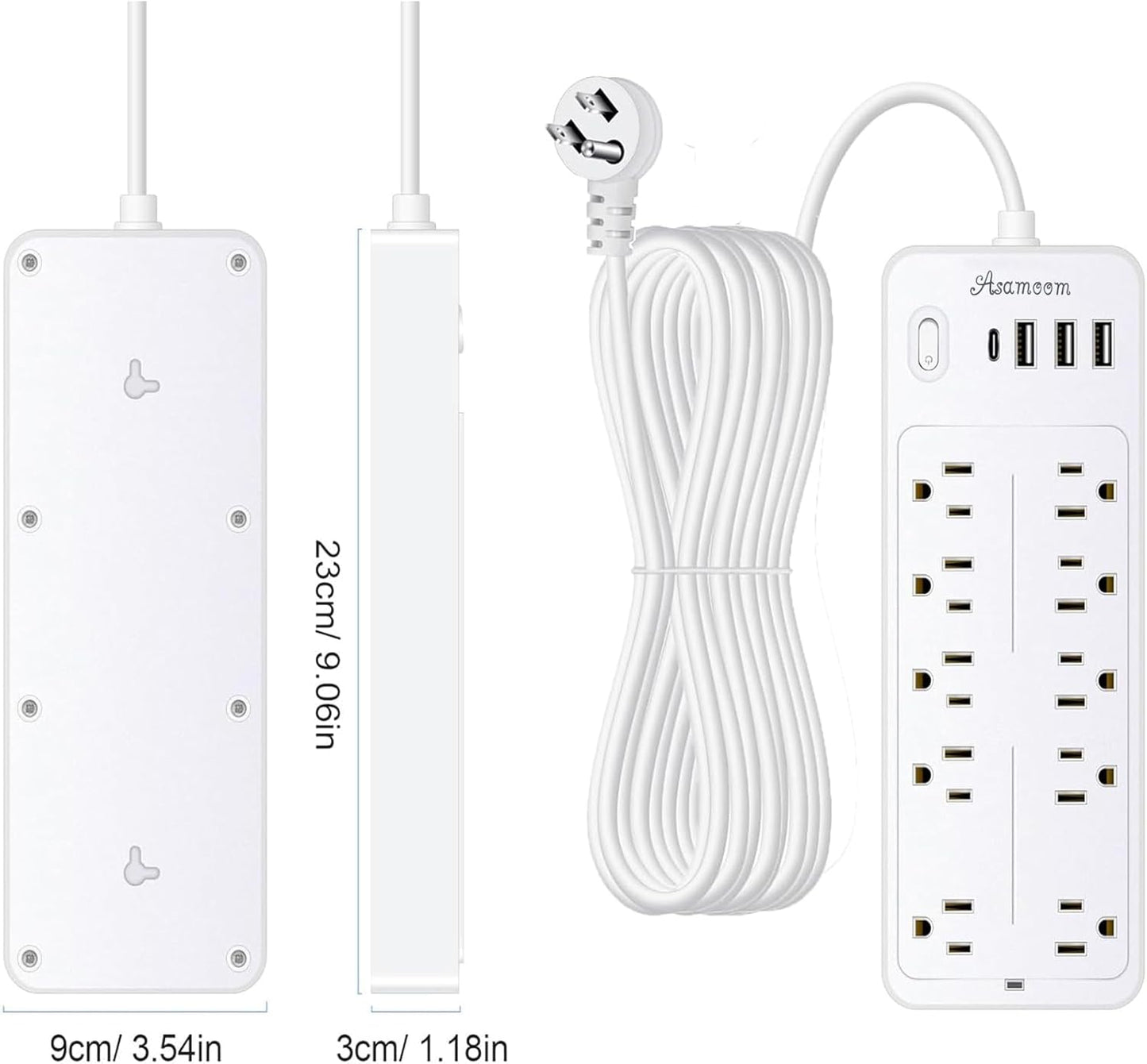 15 FT Power Strips with Surge Protection 1625W/13A,10 Outlets with 4 USB Ports (1 USB C) Long Extension Cord with Multiple Outlets 16Awag 1700J Flat Plug Power Strip Protector White,ETL Listed