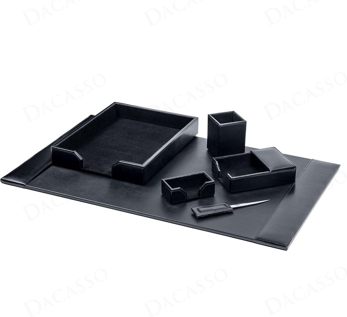 Dacasso 6 Piece Black Bonded Leather Luxury Desk Accessory Set - Desk Pad & Organization Essentials