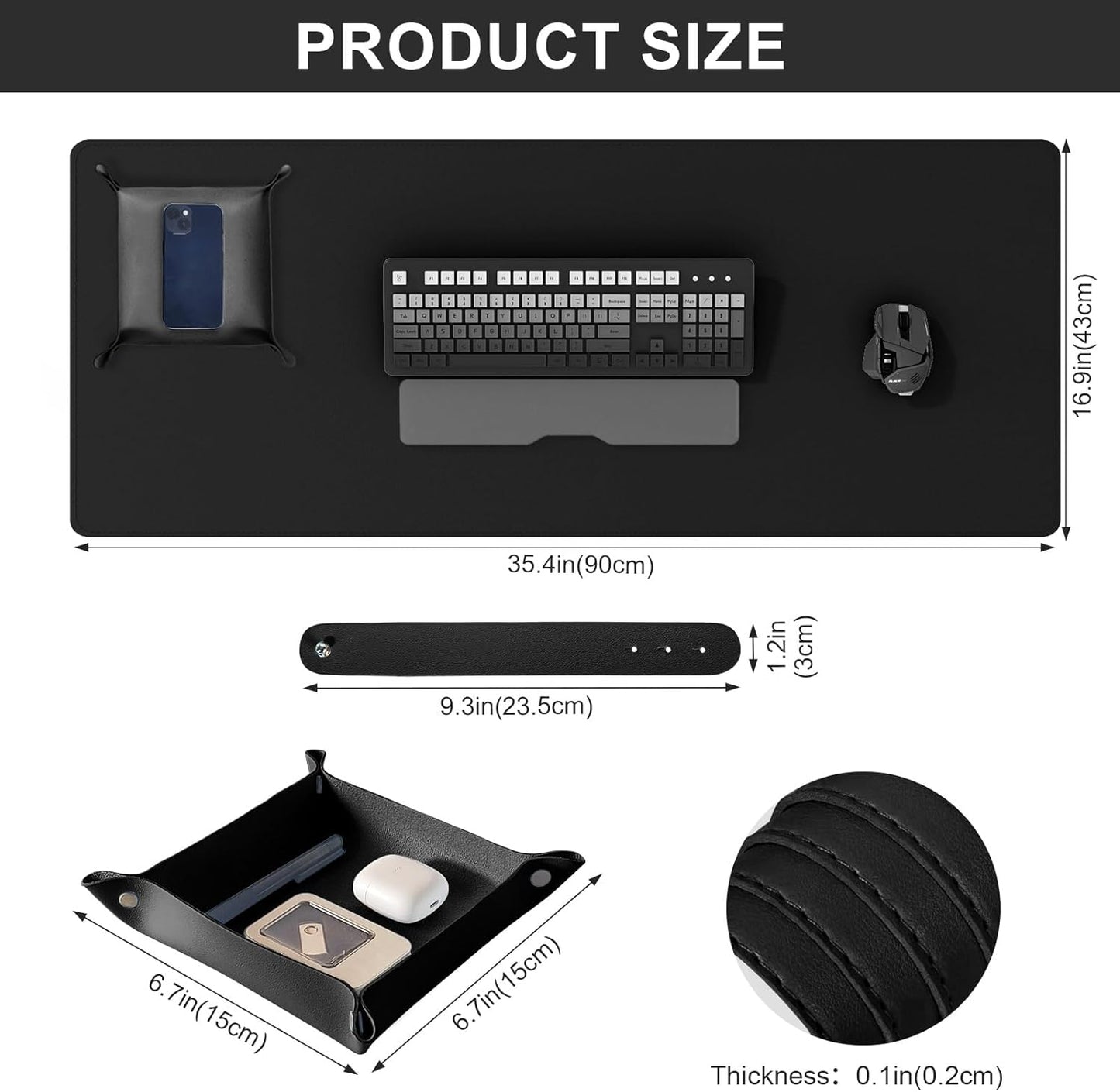 DAWNTREES Dual Sided Desk Mat,Leather Desk Pad,Black 35.5"x17",Cork Desk Mat Protector,with PU Leather Valet Tray Organizer,Large Mouse Pad,Desk Writing Pad for Office and Home