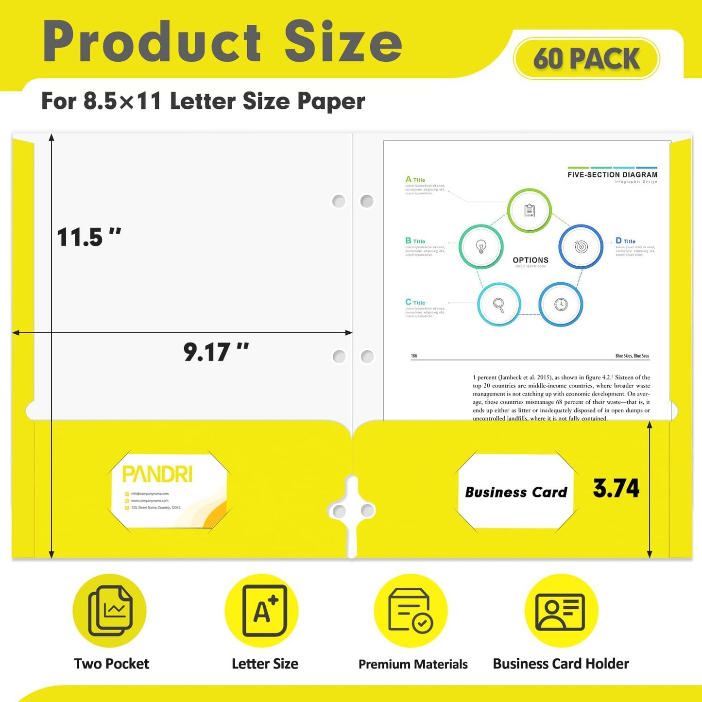 Two Pocket Portfolio Folders, PANDRI 60 Pack 3 Hole Punched 2 Pocket Folders for 3 Ring Binder, Letter Size Paper File Folder for School Office Home Business, Yellow